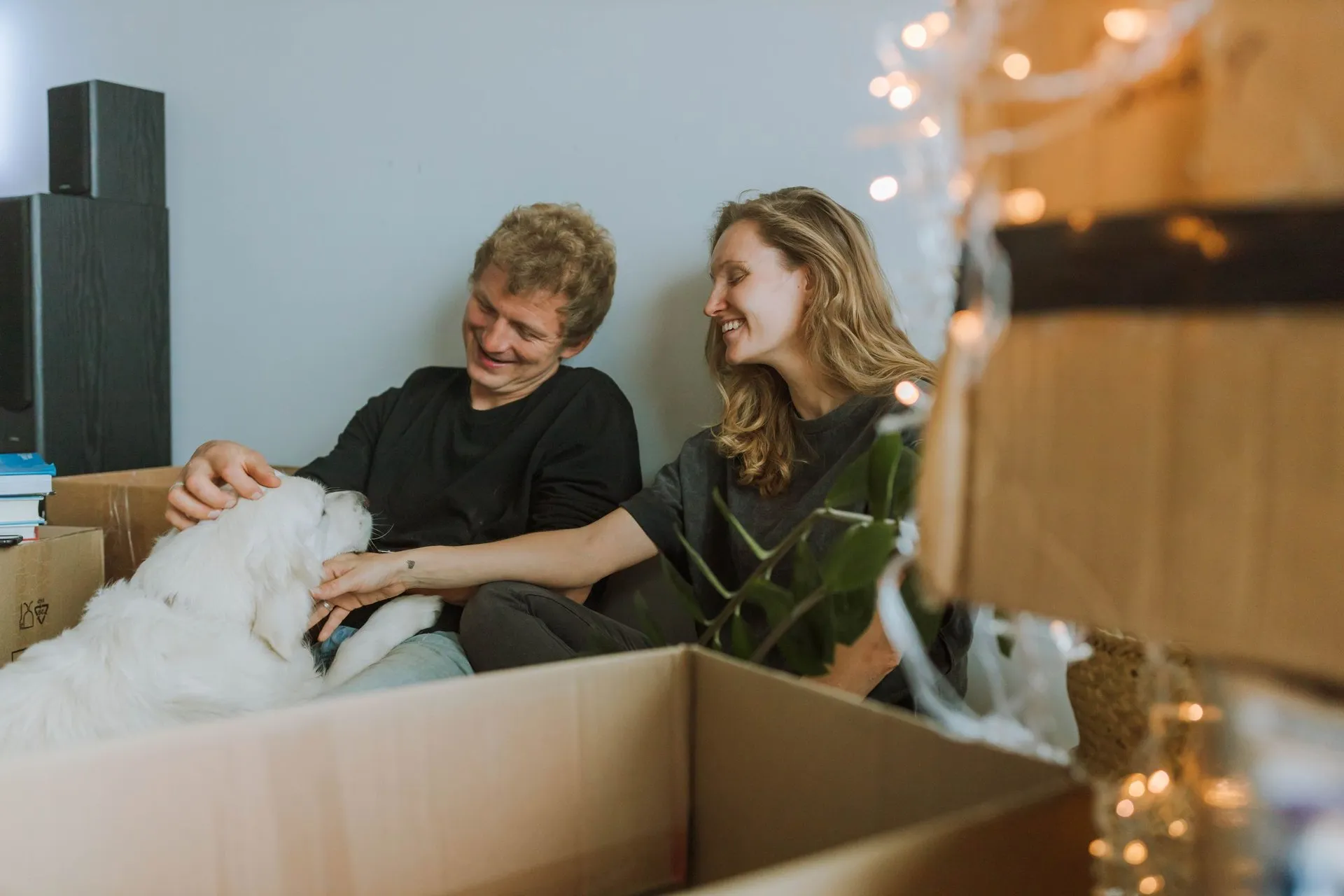 A cheerful couple bonding with their dog amid moving boxes