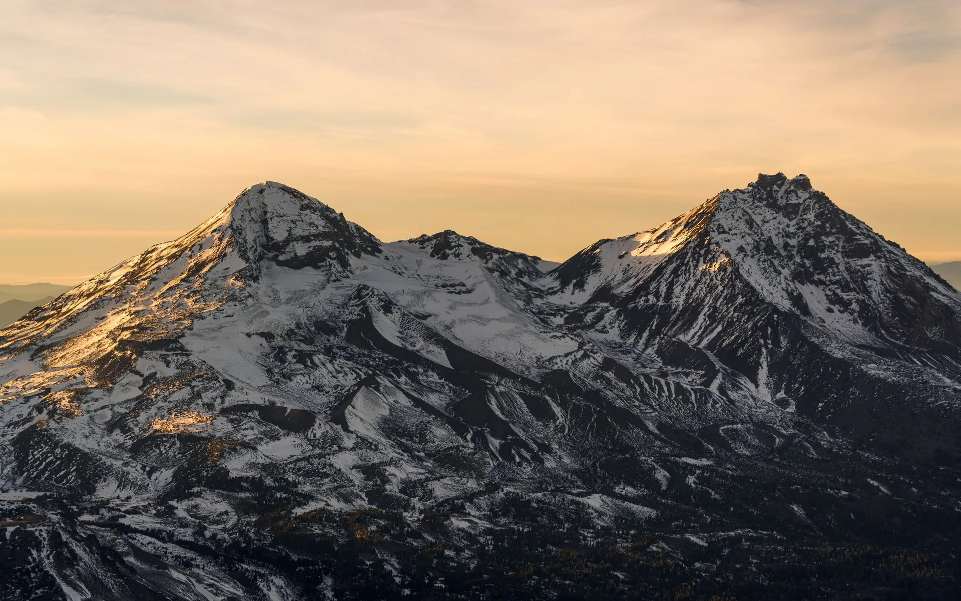 View of snowcapped mountains during sunset near Bend, Oregon