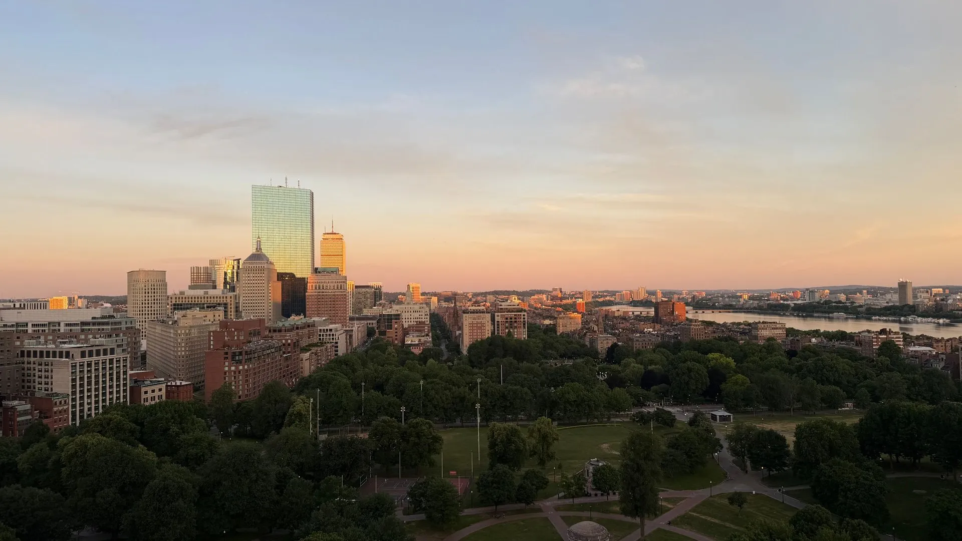 Aerial view of Boston's skyline during sunset