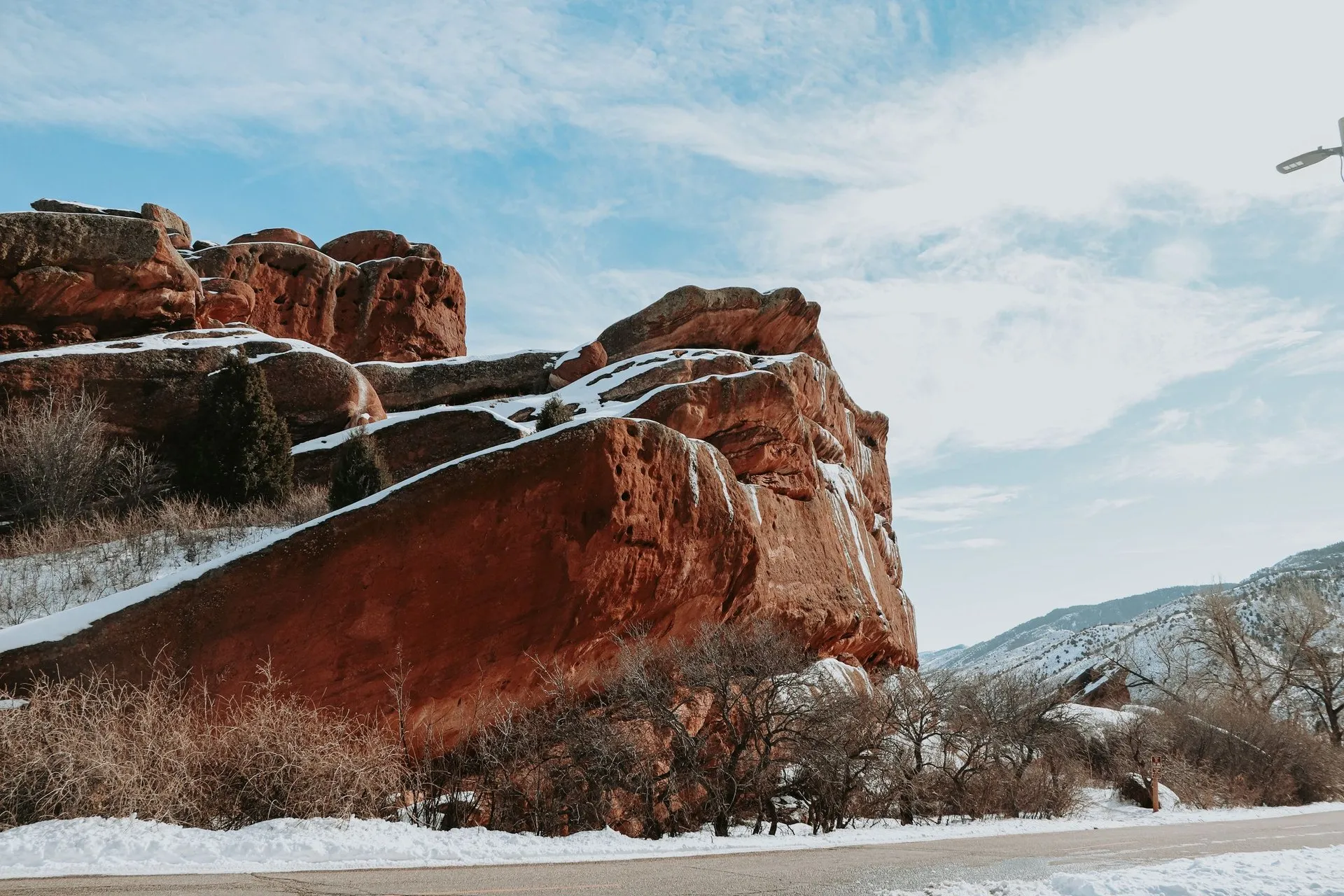 Red rock formations with snow in a winter landscape near Denver, Colorado