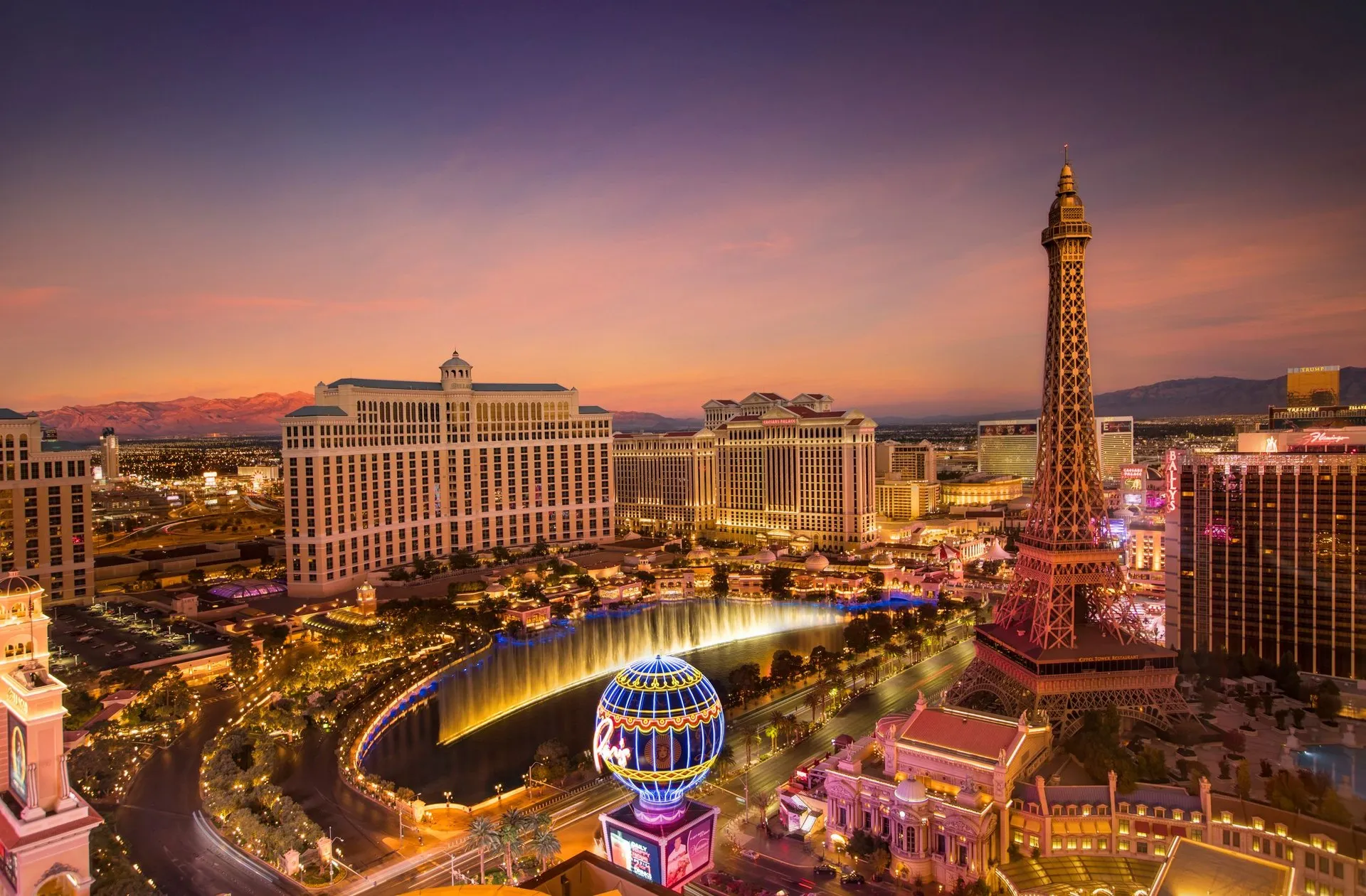 Aerial view of Las Vegas skyline at sunset