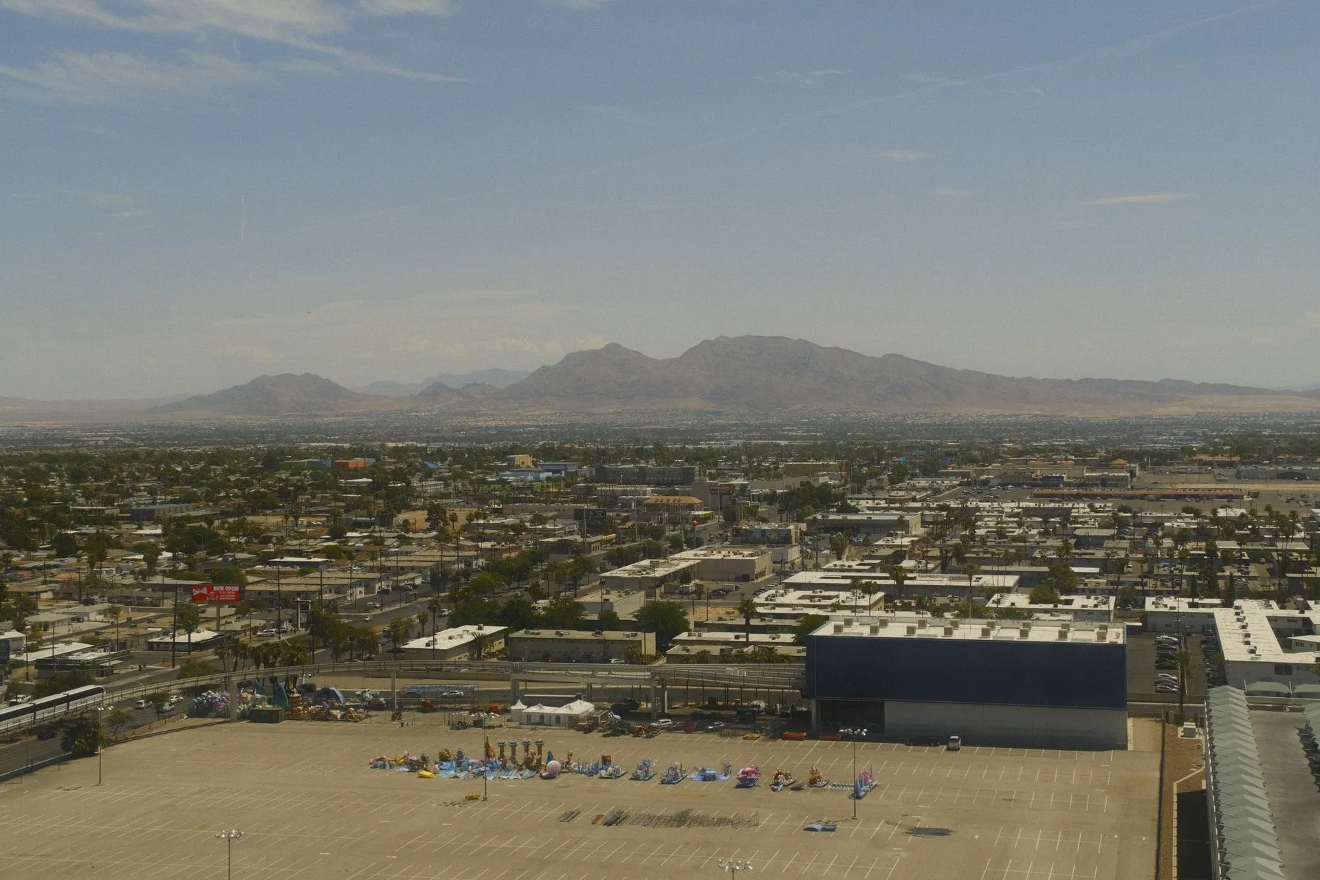 Panoramic aerial view of Las Vegas suburbs with distant mountains