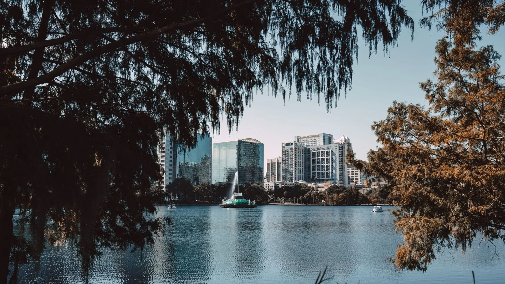 View of downtown Orlando skyline framed by trees