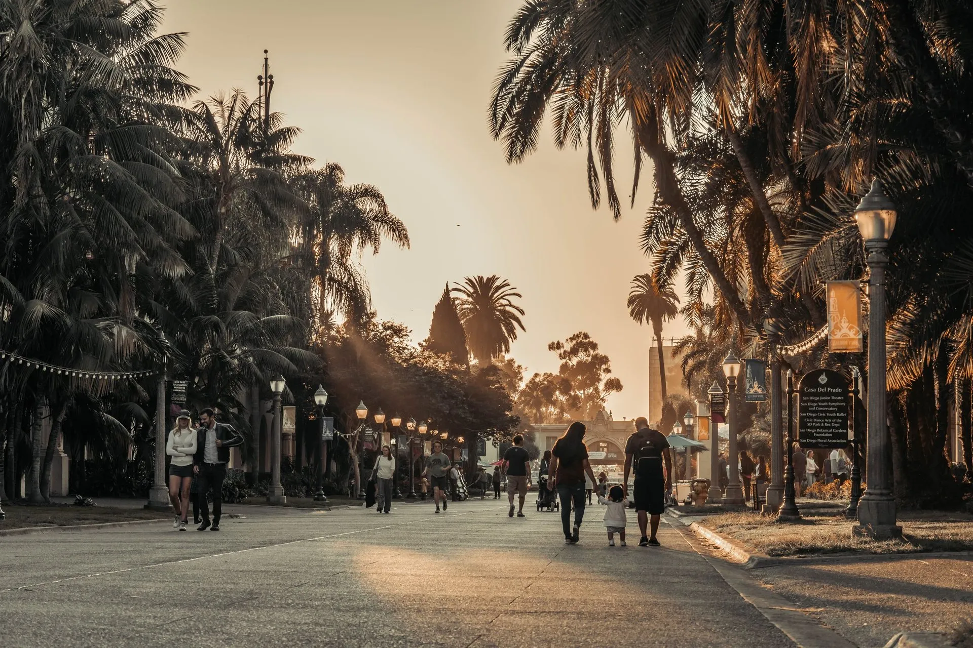 People walking under palm trees at sunset in San Diego's Balboa Park. Warm