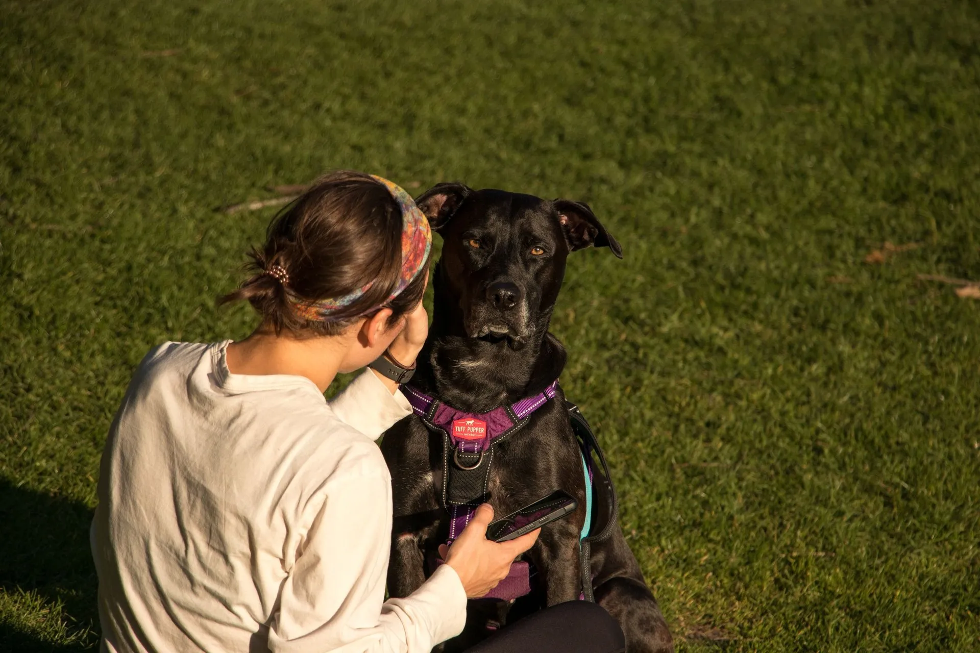 A woman and her dog relaxing in a Seattle park. Captured