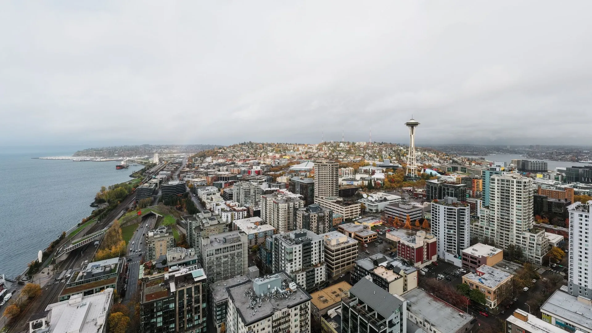 Aerial view of Seattle's downtown skyline featuring the iconic Space