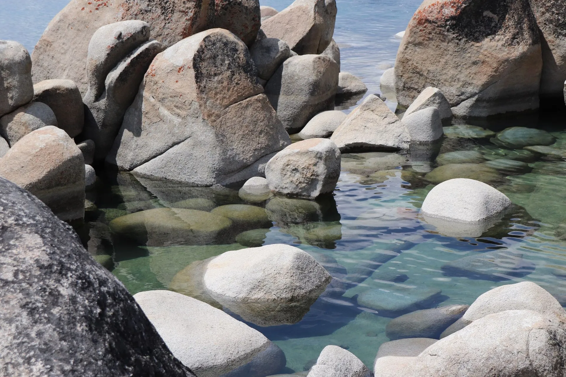 Calm waters and unique rock formations at South Lake Tahoe create a serene